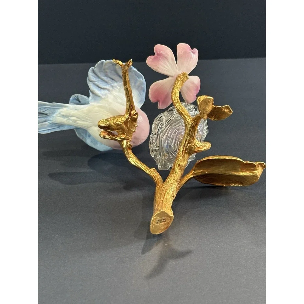 Bluebird Figurine w/ Nest & Eggs Gold Branch Dogwood Flower Malaysia, Valentine